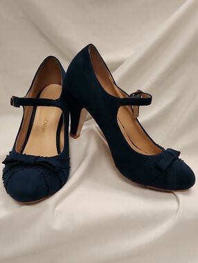 🦋 Navy Suede Mary Jane Heels With Bow Accent Sz 7